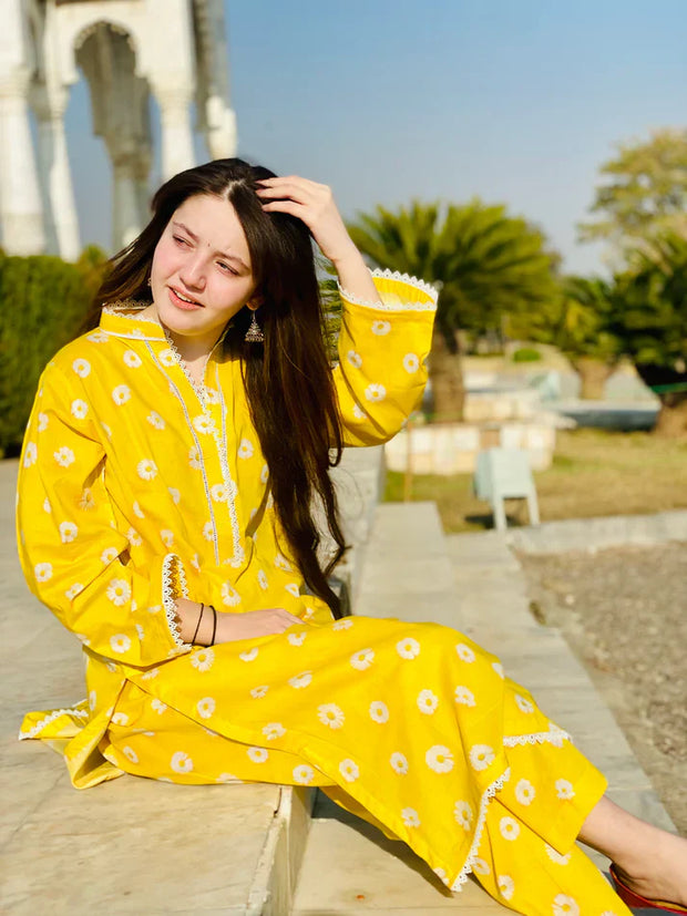 Bin noor Design Yellow Sunflower Printed Suit
